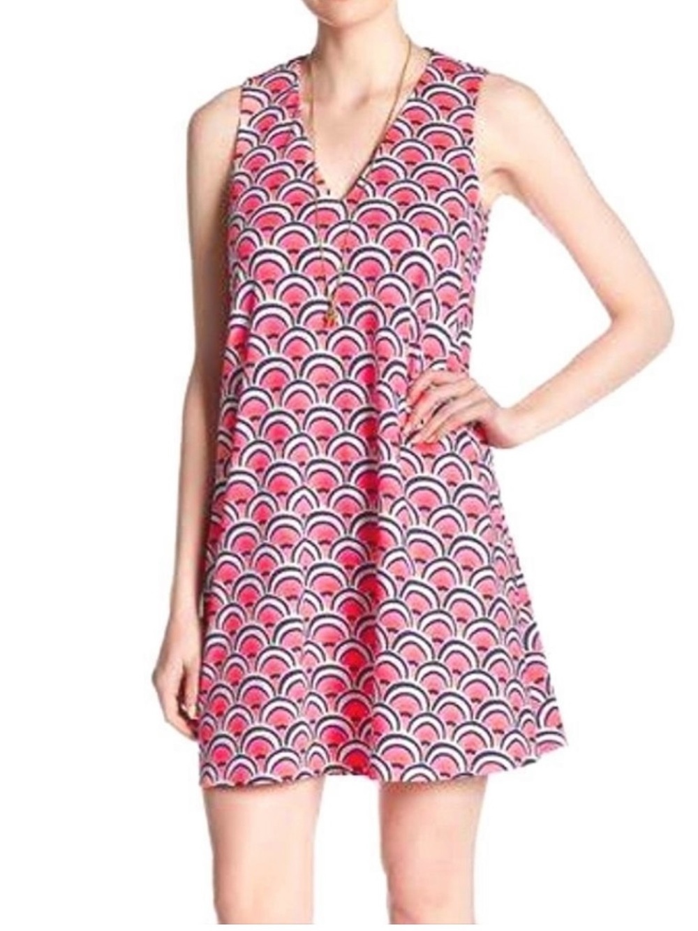 JULIE BROWN NYC Livie Dress Neon Pink Sleeveless Geo Scallop V-Neck Pullover